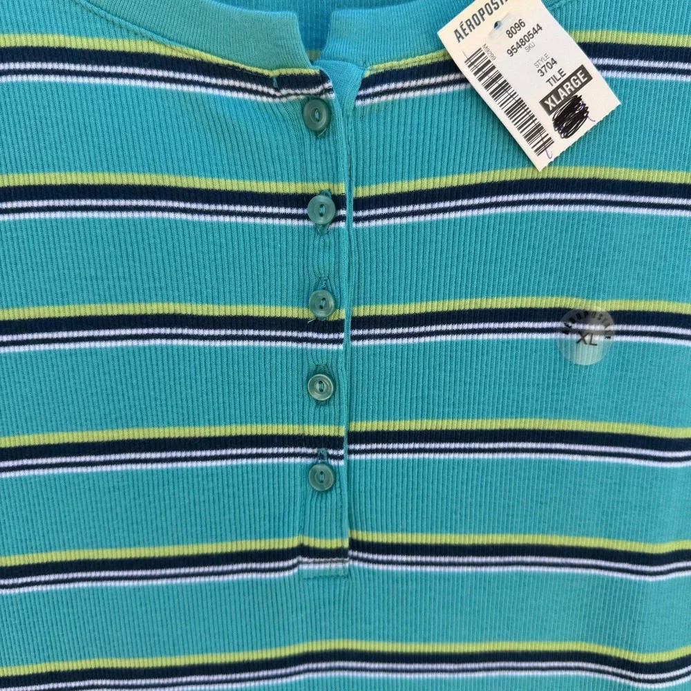 Aeropostale Y2K Womens XL Teal Striped Ribbed Henley Cap Sleeve Slim Fit Top NEW